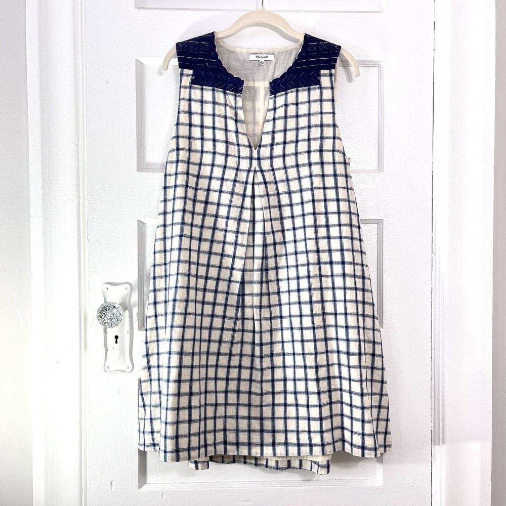Madewell Dress Women Medium Blue Cream Linen Blend Embroidered Sunray Shirtdress